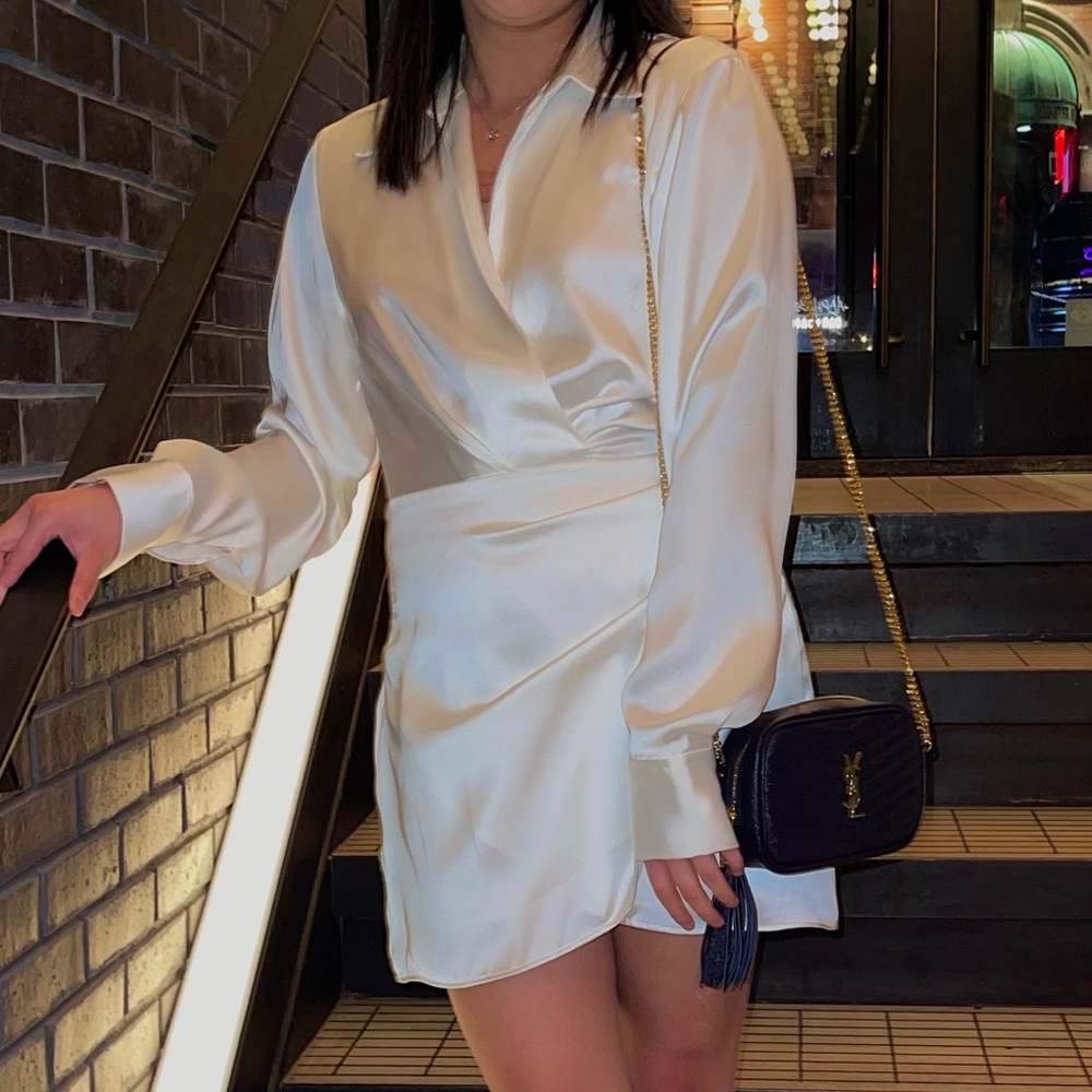 Zara White Satin Shirt Dress